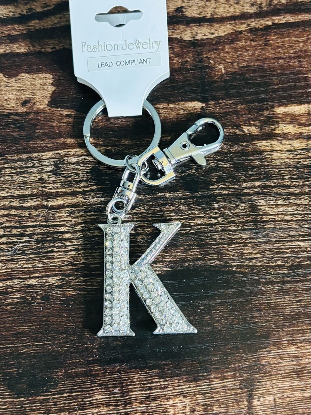 Silver Tone‎ Sparkling Crystal Rhinestone Letter K Key Ring with Clasp